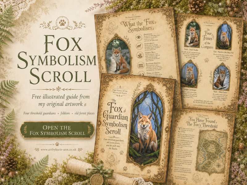 Rustic woodland flat lay featuring the Woodland Echo newsletter with wolf illustration and Realm Keepers logo – promotes subscribing to the newsletter for stories, artwork, and studio notes twice a month.