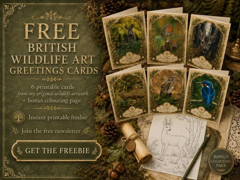 Rustic woodland flat lay featuring the Woodland Echo newsletter with wolf illustration and Realm Keepers logo – promotes subscribing to the newsletter for stories, artwork, and studio notes twice a month.
