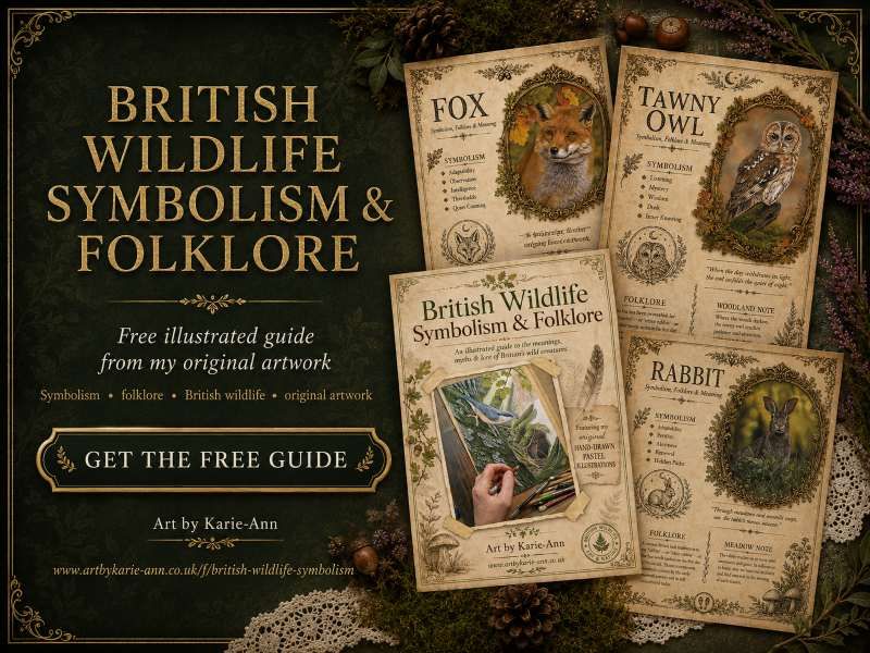 Rustic woodland flat lay featuring the Woodland Echo newsletter with wolf illustration and Realm Keepers logo – promotes subscribing to the newsletter for stories, artwork, and studio notes twice a month.