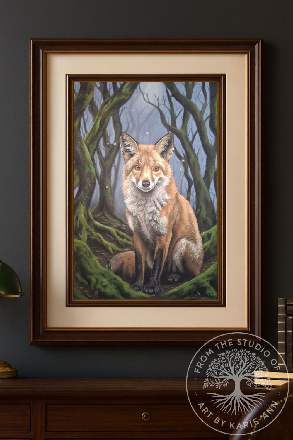 Fox wildlife painting set in a moss‑covered Forest of Dean woodland, fine‑art print by Karie‑Ann.