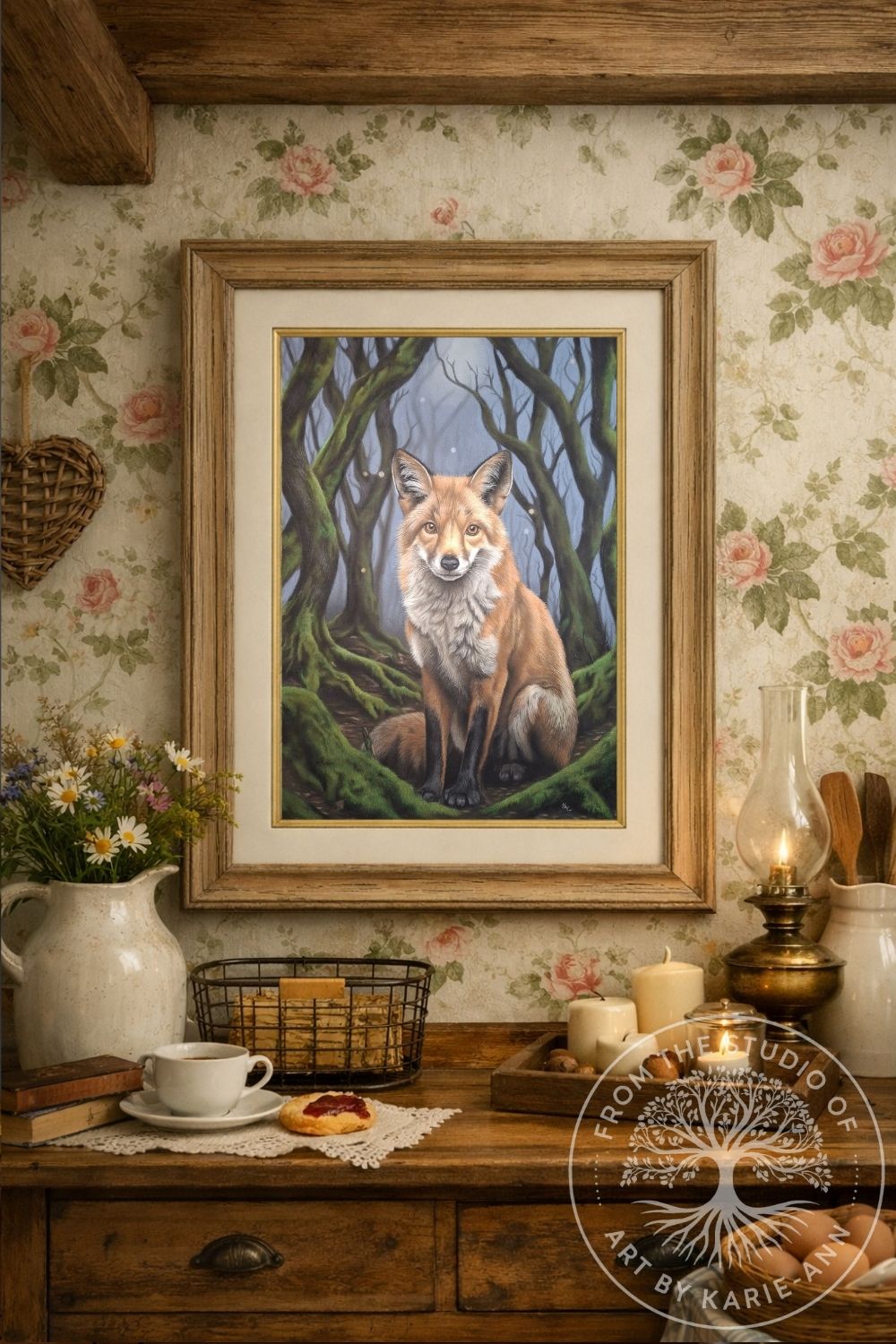 Fox guardian art print with autumn leaves and vintage floral wallpaper background.