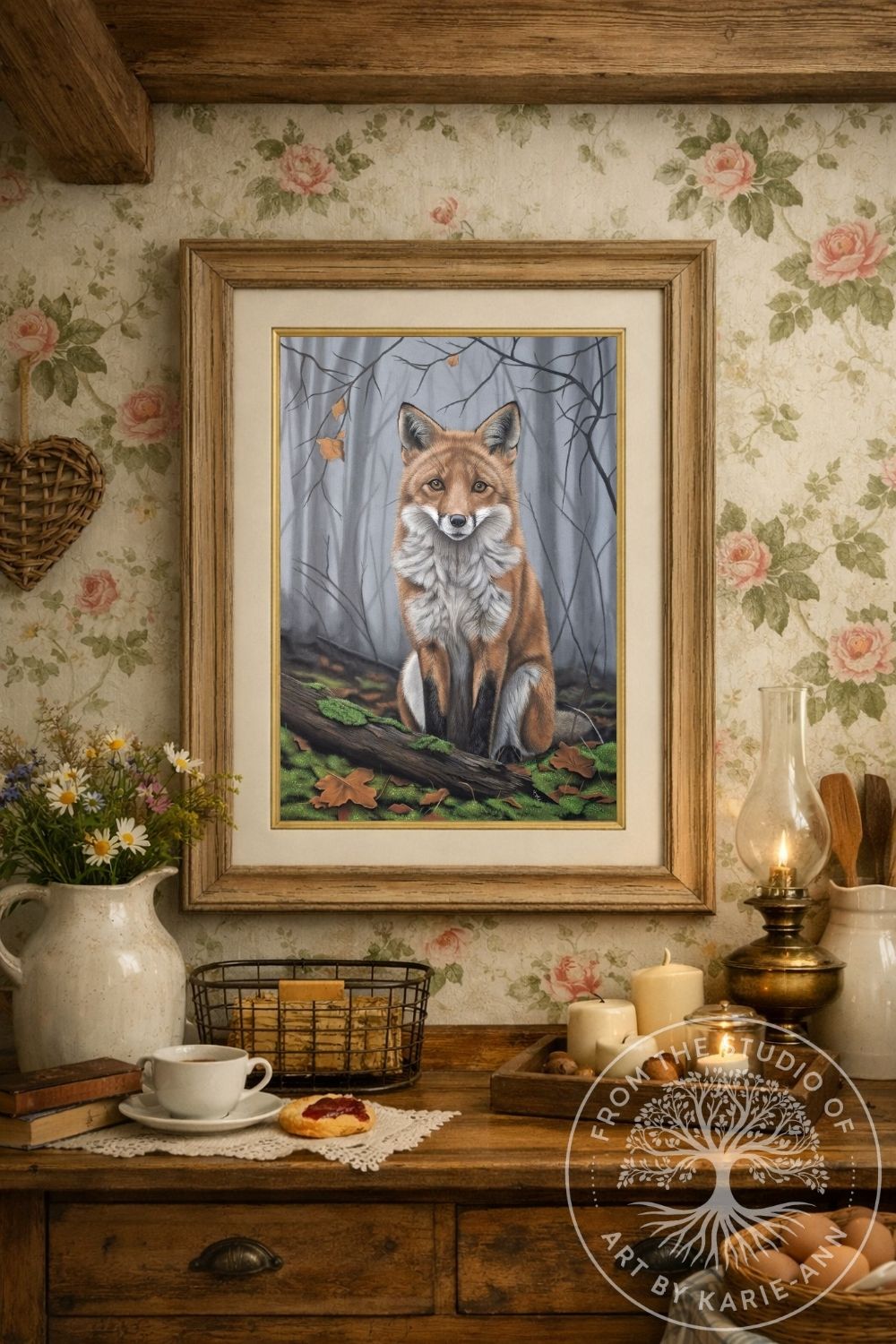 Fox guardian art print with autumn leaves and vintage floral wallpaper background.