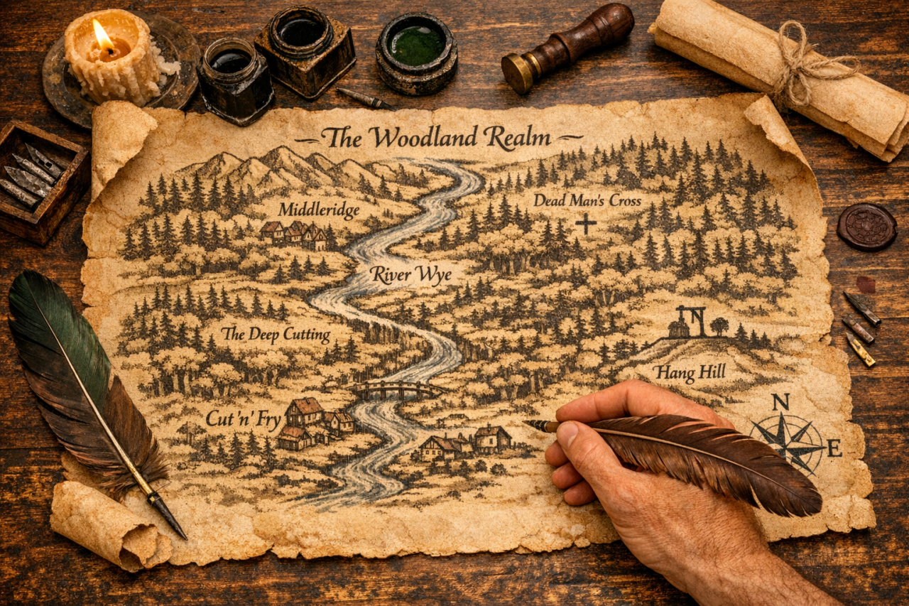 Olde‑worlde illustrated map of the Woodland Realm, showing enchanted forests, guardian territories, and mythic pathways inspired by British wildlife folklore.