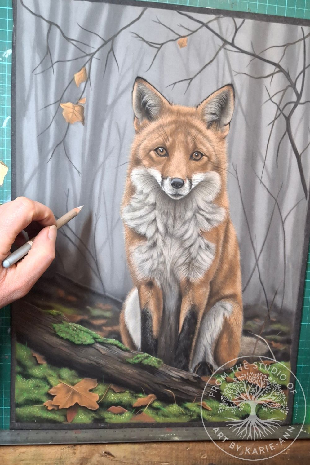 Pastel illustration of a fox spirit inspired by British woodland folklore, sitting on a mossy log in an ancient forest.