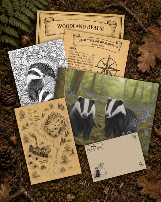 Compass Keepers Monthly Print Club pack with British wildlife art print, Guardian story, lore card, colouring page and Woodland Realm fragment map.