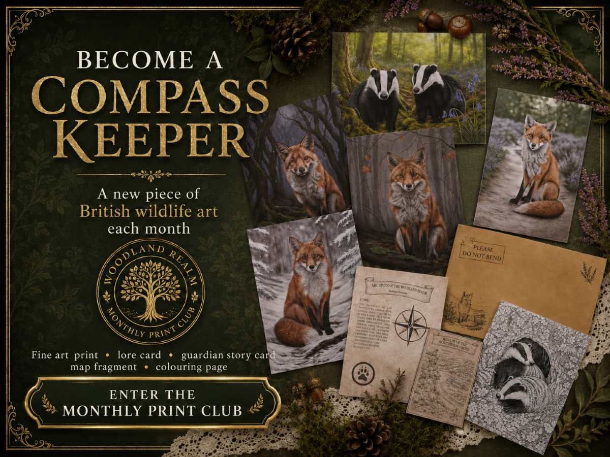 Woodland-themed flat lay showing fox artwork and envelopes labeled Monthly Print Club – promotes joining Karie‑Ann’s Monthly Print Club for new art prints every month, become a compass keeper