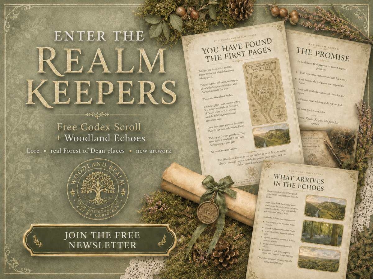 Rustic woodland flat lay featuring the Woodland Echo newsletter with wolf illustration and Realm Keepers logo – promotes subscribing to the newsletter for stories, artwork, and studio notes twice a month.