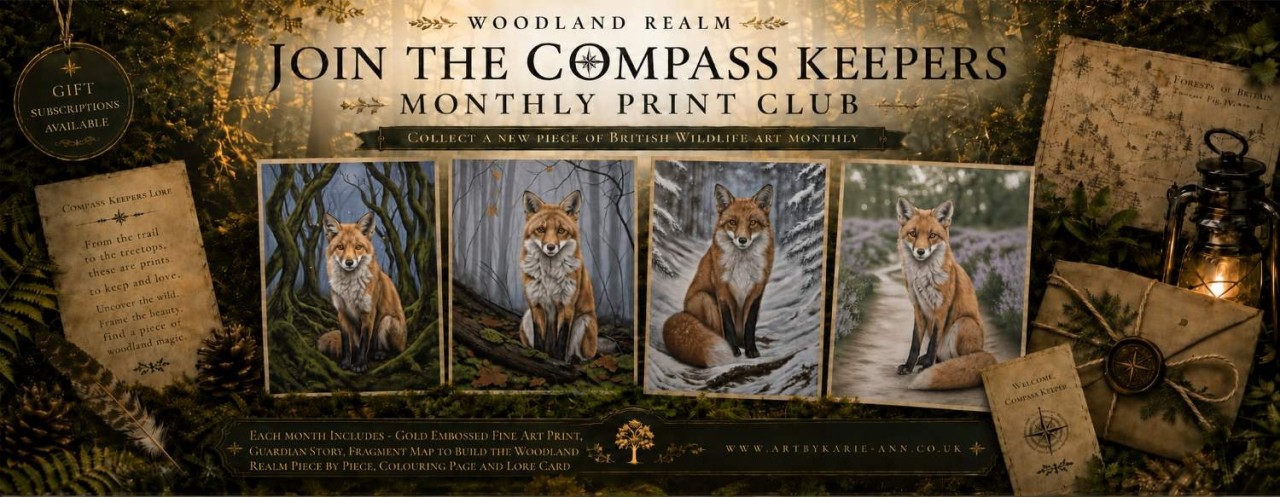 Fox guardian wildlife art print inspired by British woodland folklore, hand‑embellished by Forest of Dean artist Karie‑Ann.
