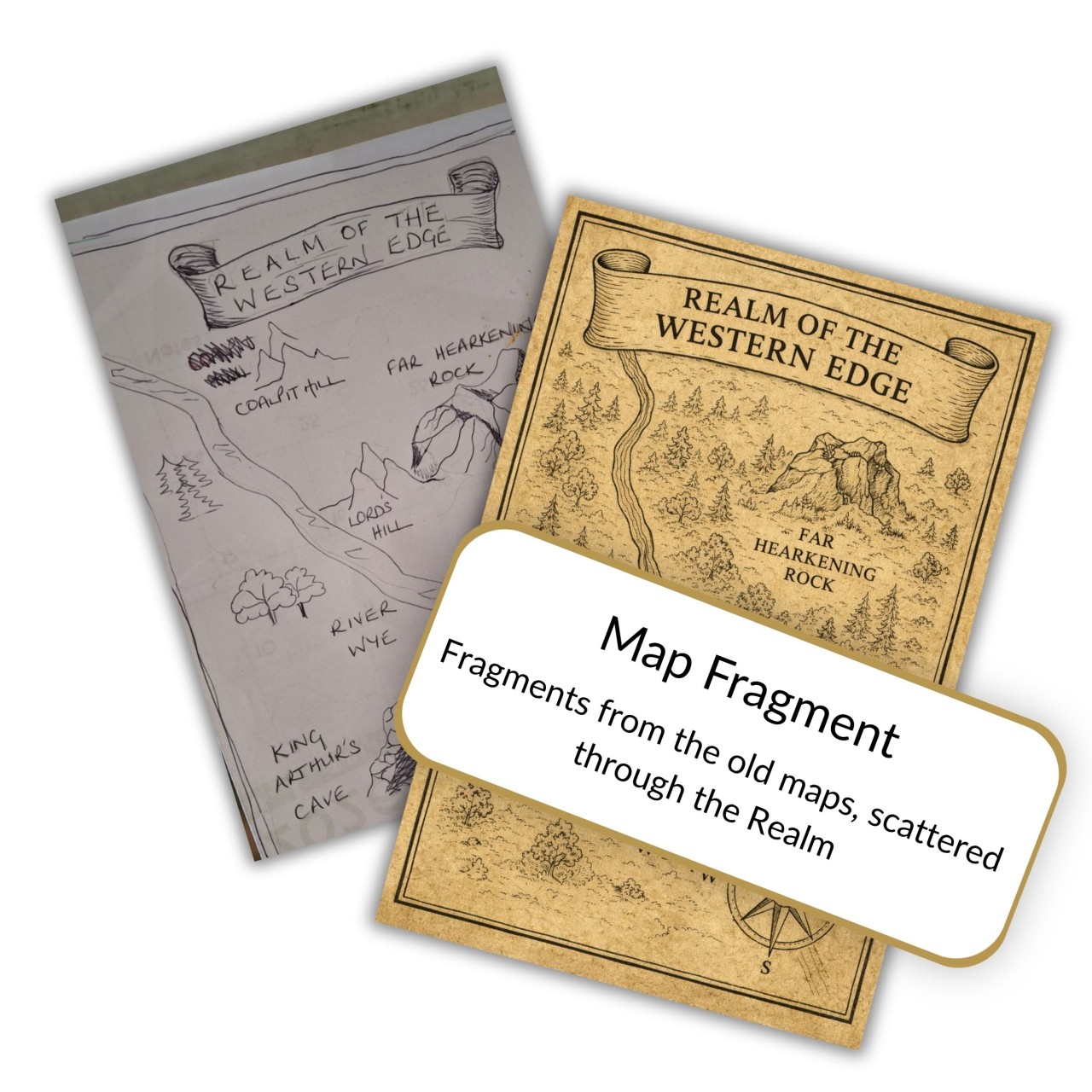 Two hand‑drawn map fragments showing the Realm of the Western Edge, with textured parchment and early cartographic lines