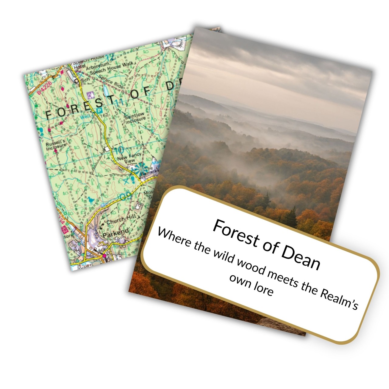 A stylised illustration of two fox‑like guardians forming a circular emblem, representing the lore of the Woodland Realm.