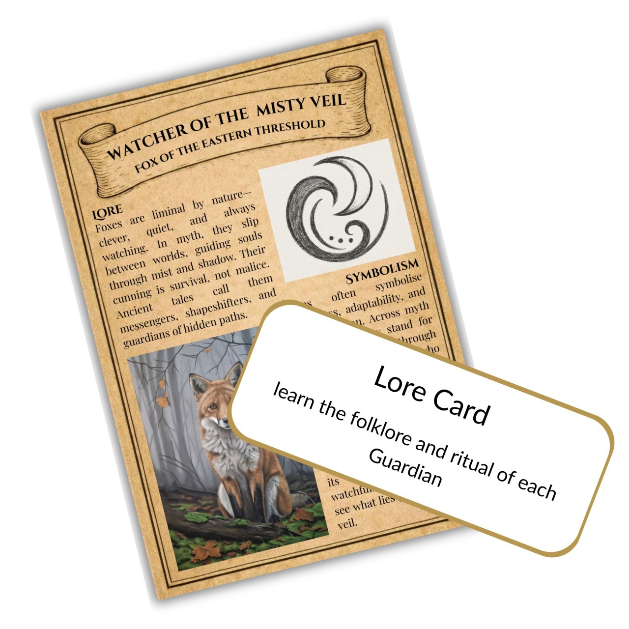 Lore card from the Woodland Realm wildlife art subscription showing Guardian mythology.