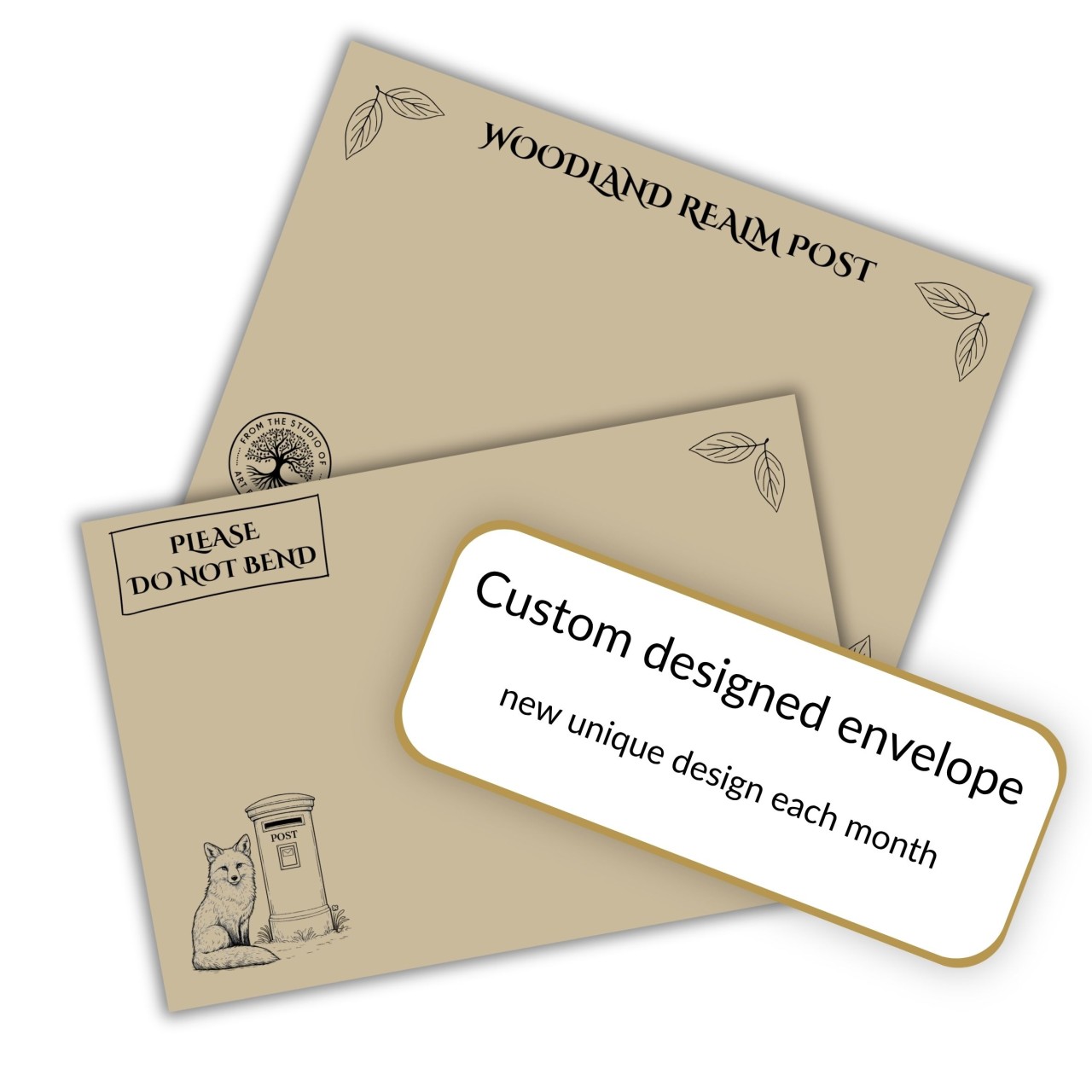 Custom Woodland Realm envelope designed for the monthly British wildlife art subscription