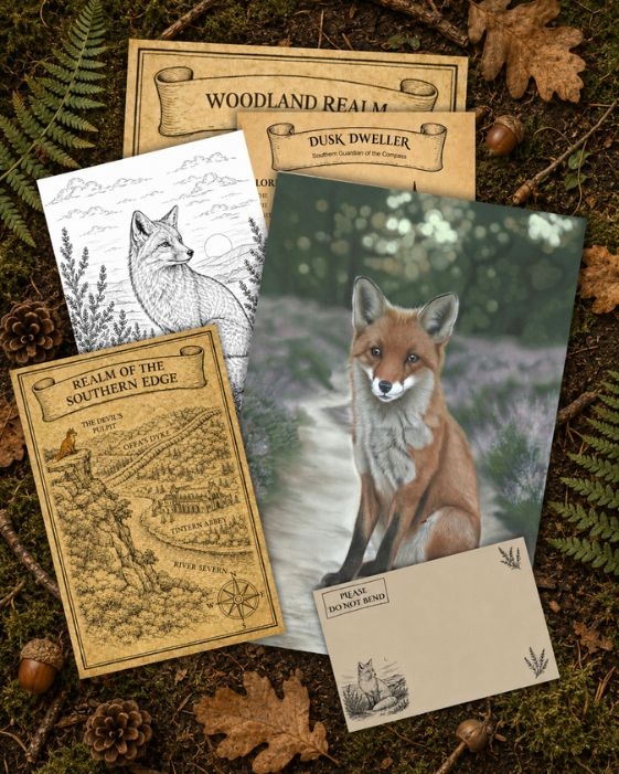 Dusk Dweller fox British wildlife fine art print with Woodland Realm collectables.