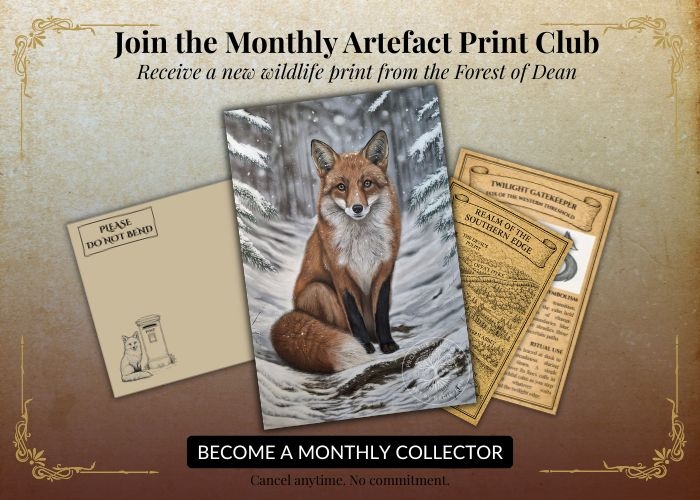 Snowy fox wildlife art print with parchment‑style lore card and collector envelope from the Monthly Artefact Print Club, inspired by the Forest of Dean.
