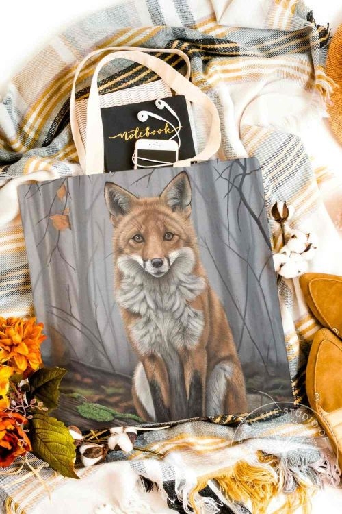 Red fox woodland illustration printed on a natural canvas tote bag, wildlife art by Karie‑Ann.