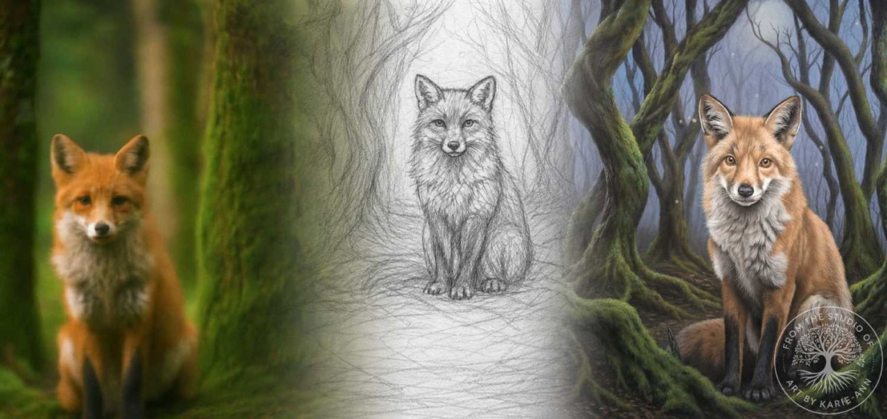 fox reference photo, sketch and finished fox illustration process