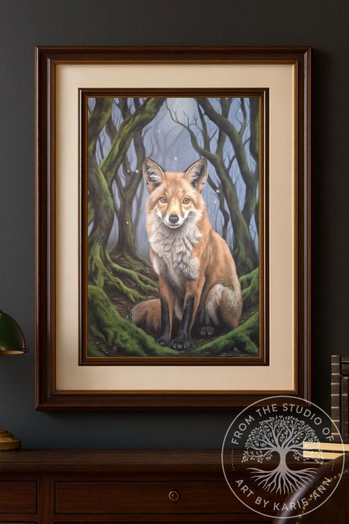 Fox wildlife painting set in a moss‑covered Forest of Dean woodland, fine‑art print by Karie‑Ann.