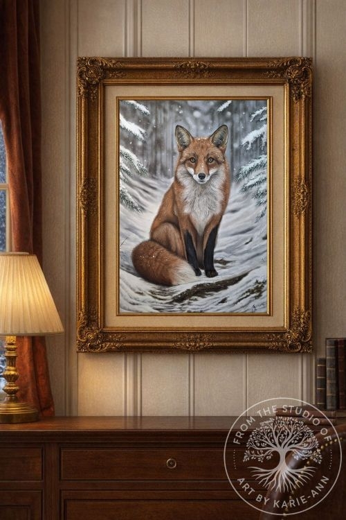 Fox wildlife painting in a snowy woodland scene, British wildlife art print.