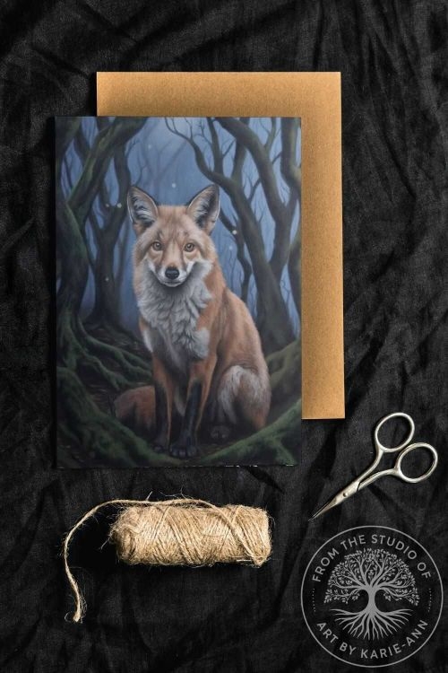 Greeting card displaying a red fox in a woodland scene, printed wildlife artwork with envelope.