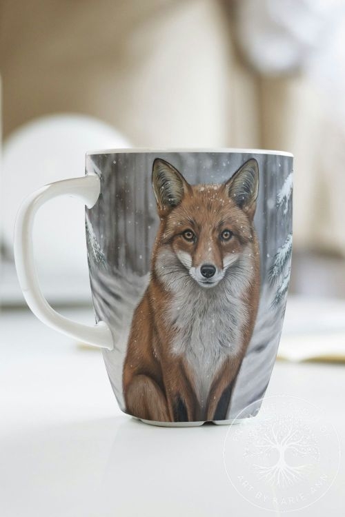 Ceramic mug featuring a detailed red fox in a forest setting, British wildlife artwork by Karie‑Ann.