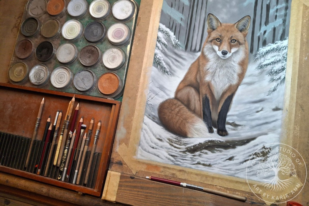 fox pastel drawing being created on an easel showing materials and supplies used.