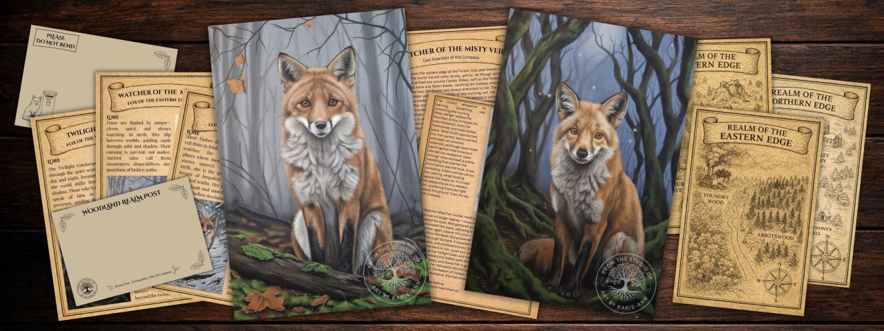 Fox guardian wildlife art print inspired by British woodland folklore, hand‑embellished by Forest of Dean artist Karie‑Ann.
