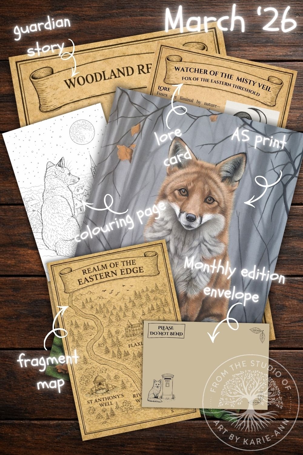 March Print Club collection showing the Watcher of the Misty Vale fox artwork, lore card, guardian story booklet, colouring page, map fragment of the Eastern Edge, and the monthly edition envelope.