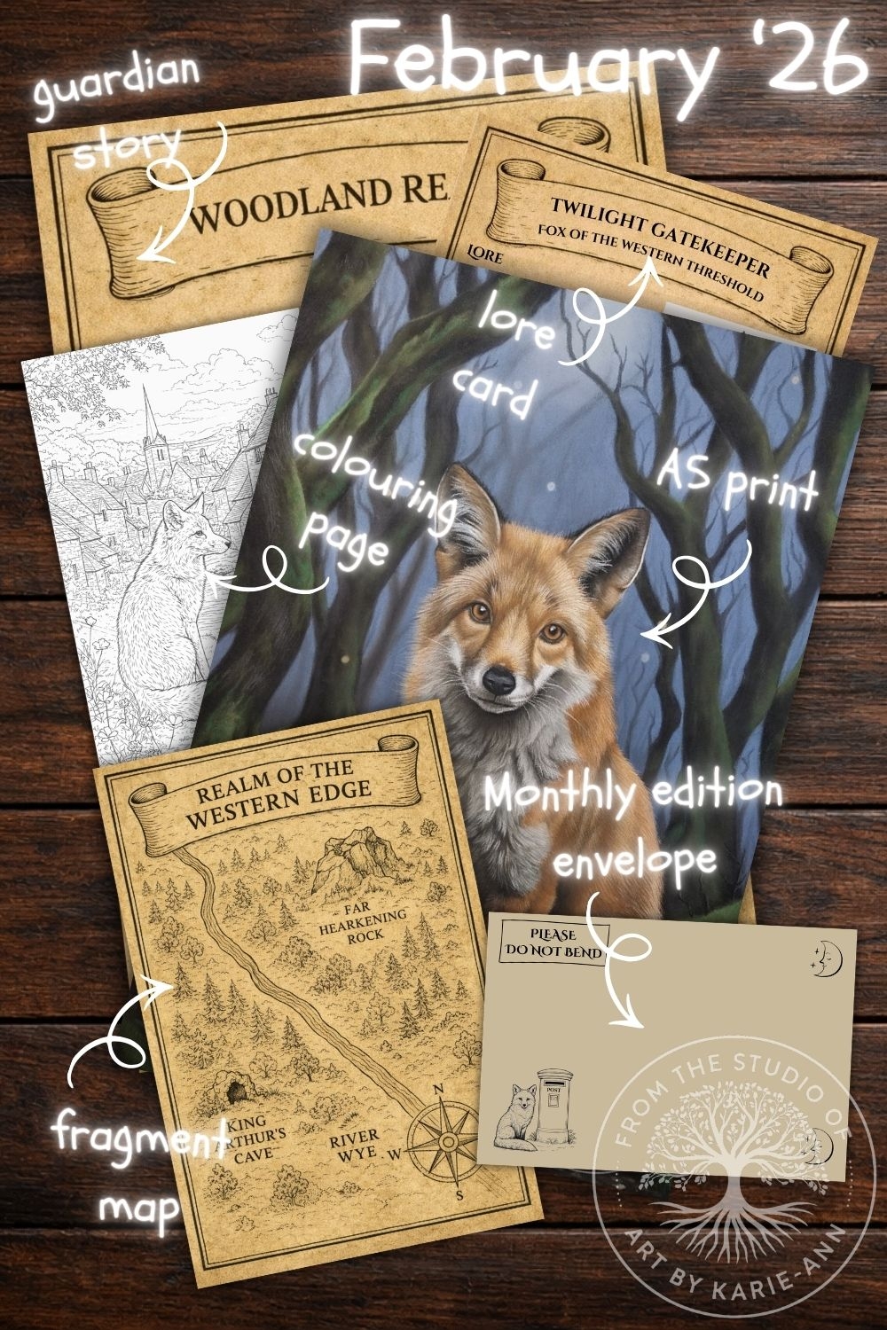 Previous Guardians from the Woodland Realm wildlife print subscription showing art prints, lore cards and map fragments