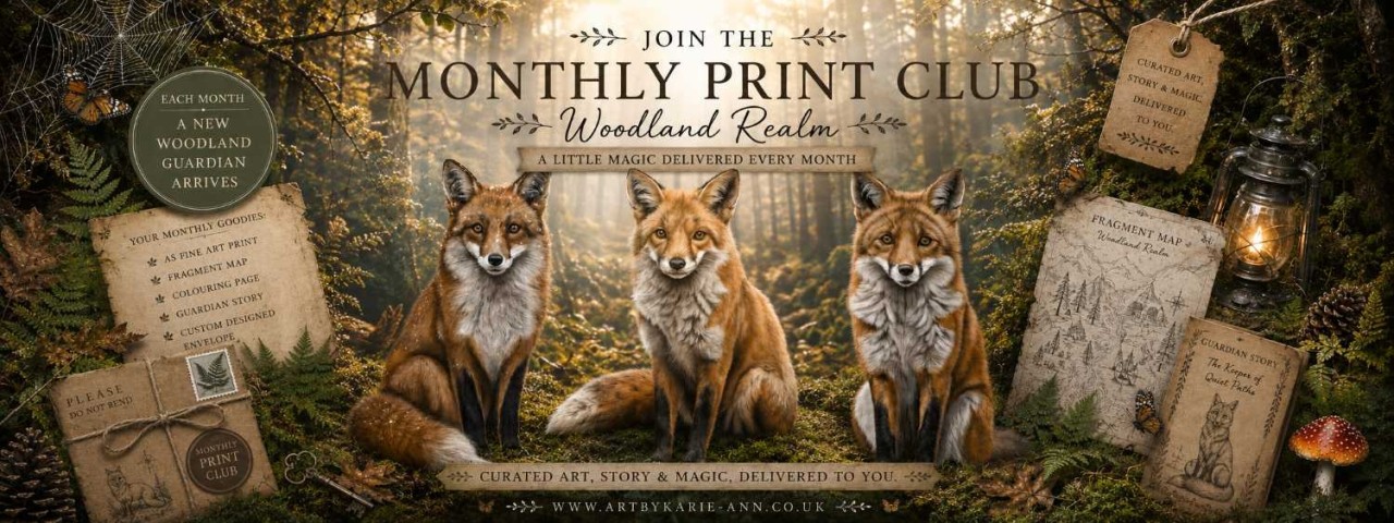 Fox guardian wildlife art print inspired by British woodland folklore, hand‑embellished by Forest of Dean artist Karie‑Ann.