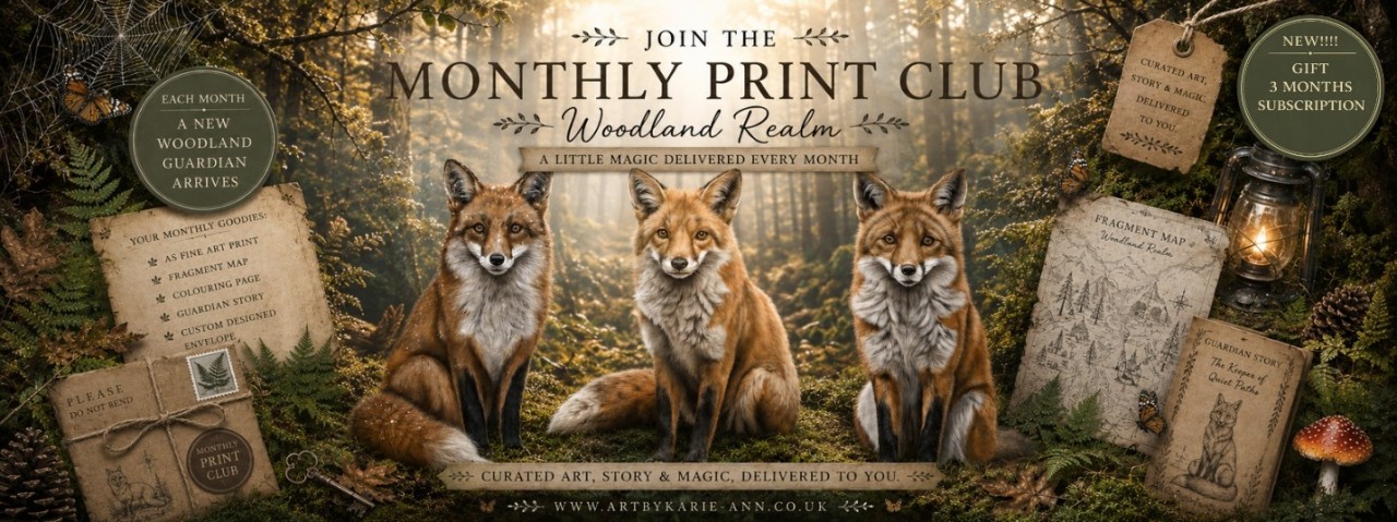 Fox guardian wildlife art print inspired by British woodland folklore, hand‑embellished by Forest of Dean artist Karie‑Ann.