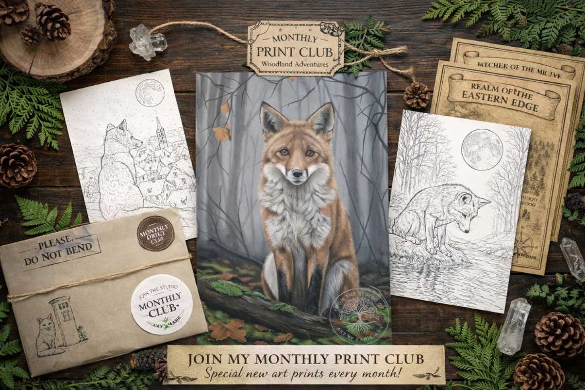 Woodland-themed flat lay showing fox artwork and envelopes labeled Monthly Print Club – promotes joining Karie‑Ann’s Monthly Print Club for new art prints every month
