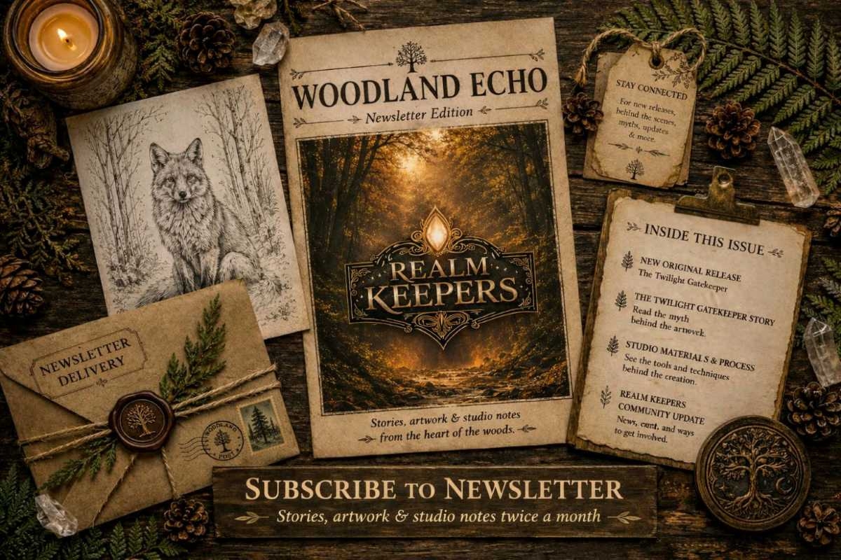 Rustic woodland flat lay featuring the Woodland Echo newsletter with wolf illustration and Realm Keepers logo – promotes subscribing to the newsletter for stories, artwork, and studio notes twice a month.