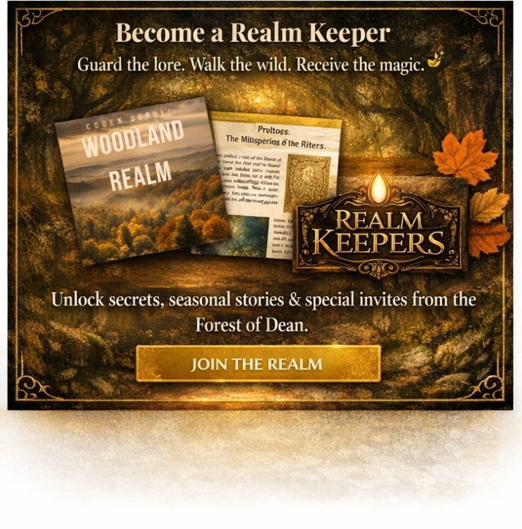 Realm Keeper woodland‑mythic email sign‑up artwork featuring fox illustration, parchment textures and Forest of Dean wildlife themes.