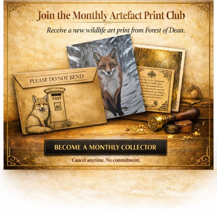 Snowy fox wildlife art print with parchment‑style lore card and collector envelope from the Monthly Artefact Print Club, inspired by the Forest of Dean.