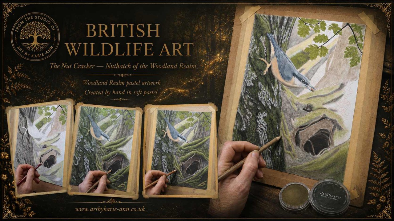 soft pastel nuthatch artwork on mossed woodland bark