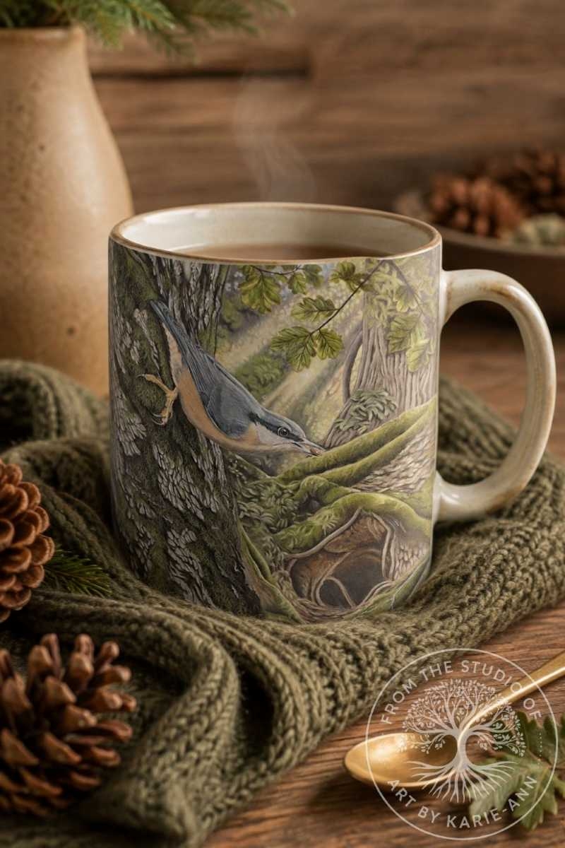 nuthatch earthenware coffee mug featuring original bird art