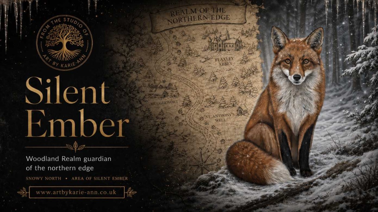 Silent Ember fox artwork in pastel and map fragment from the Woodland Realm