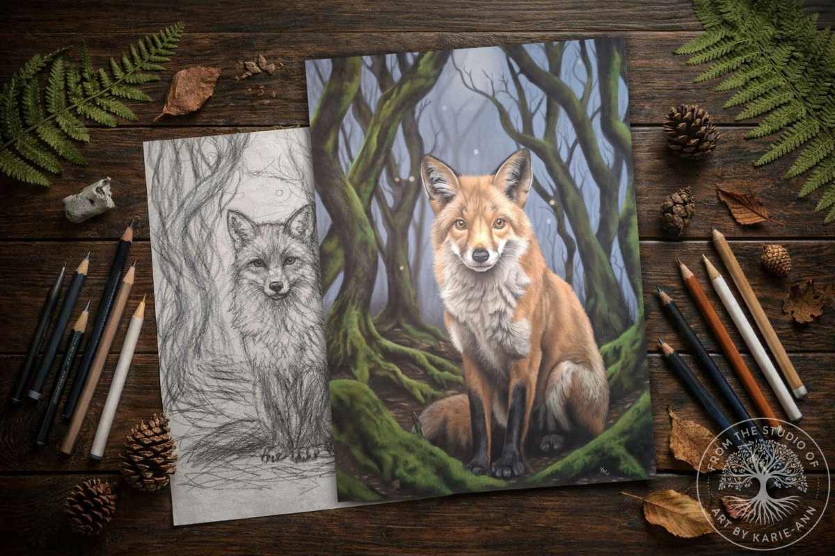 fox illustration from sketch to finished artwork