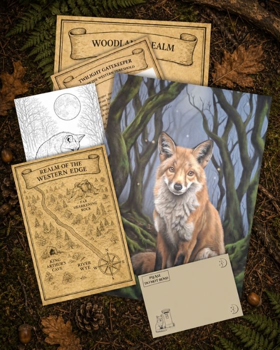 Twilight Gatekeeper fox British wildlife art print with Woodland Realm story, lore card and map fragment.