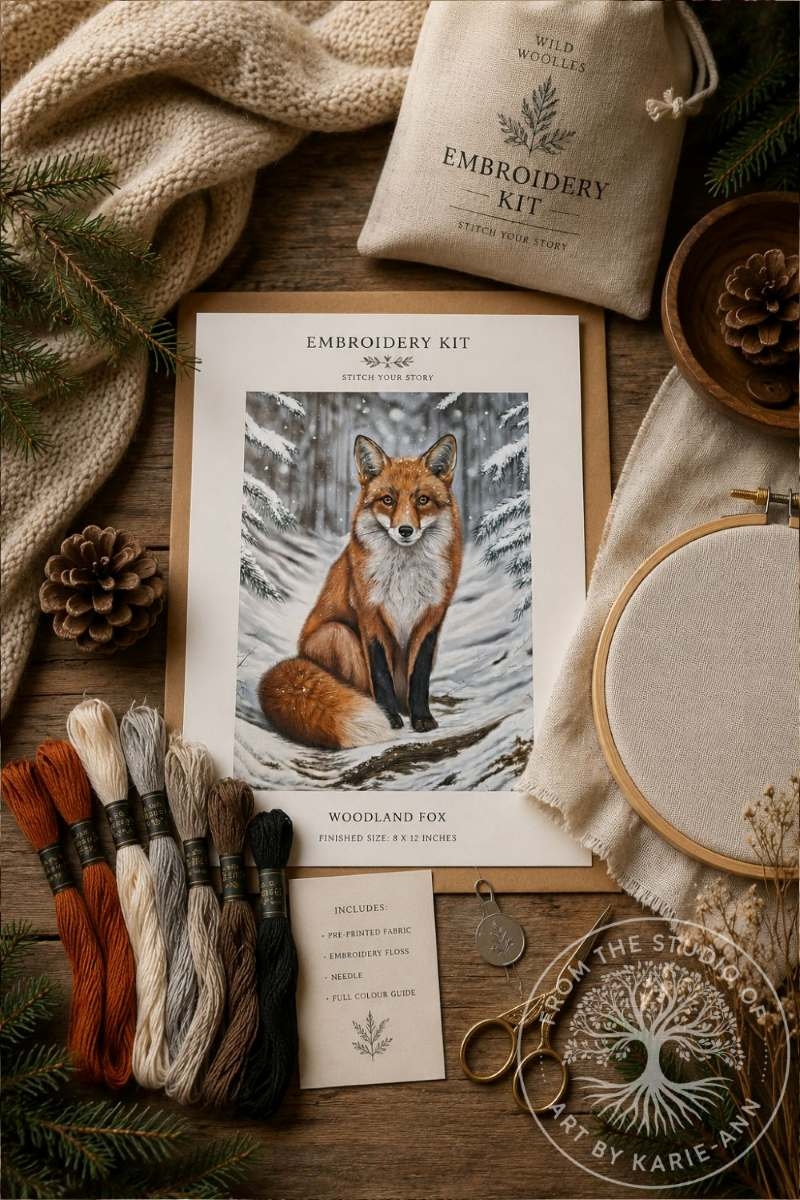 Fox guardian embroidery kitlore‑inspired artwork for kitchen textiles and home goods licensing