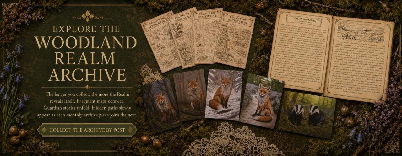 Woodland Realm archive showing fragment maps, Guardian stories and British wildlife art prints that build month by month through the Compass Keepers Monthly Print Club.