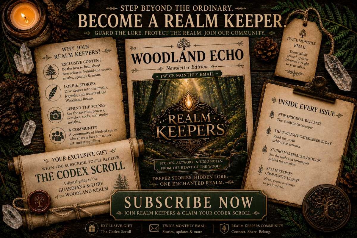 Rustic woodland flat lay featuring the Woodland Echo newsletter with wolf illustration and Realm Keepers logo – promotes subscribing to the newsletter for stories, artwork, and studio notes twice a month.