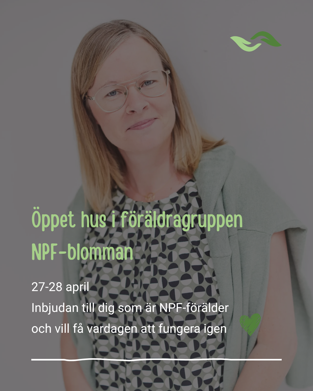 Information om öppet hus, med Boel i bakgrunden