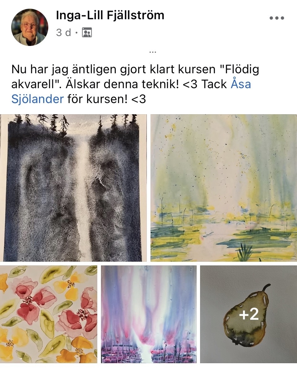 Elevmålningar Flödig akvarell Elevmålningar från kursen Flödig akvarell: vattenfall, norrsken, blommor och päron