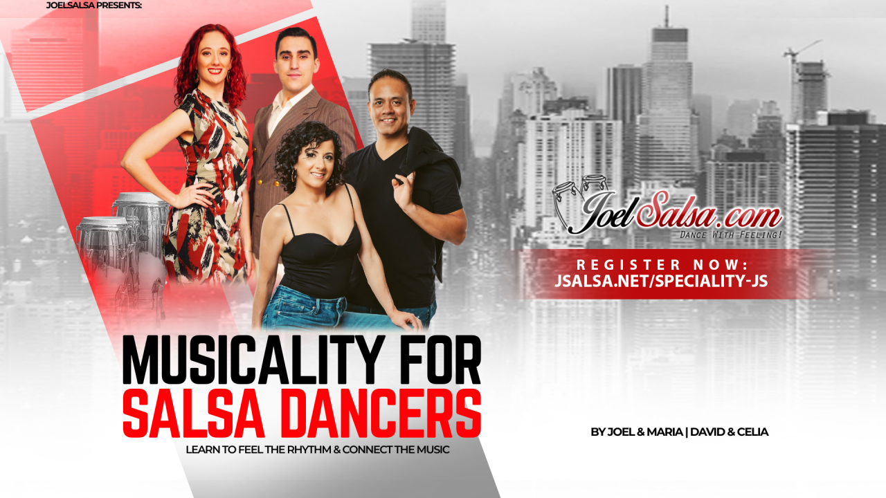 Room full of student Salsa dancing in couples at Joel Salsa