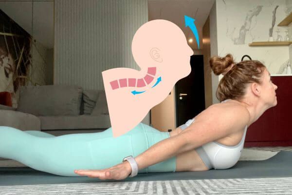 locust pose with gze up strainins the neck - Trish Corley with graphic to show cervical spine anatomy