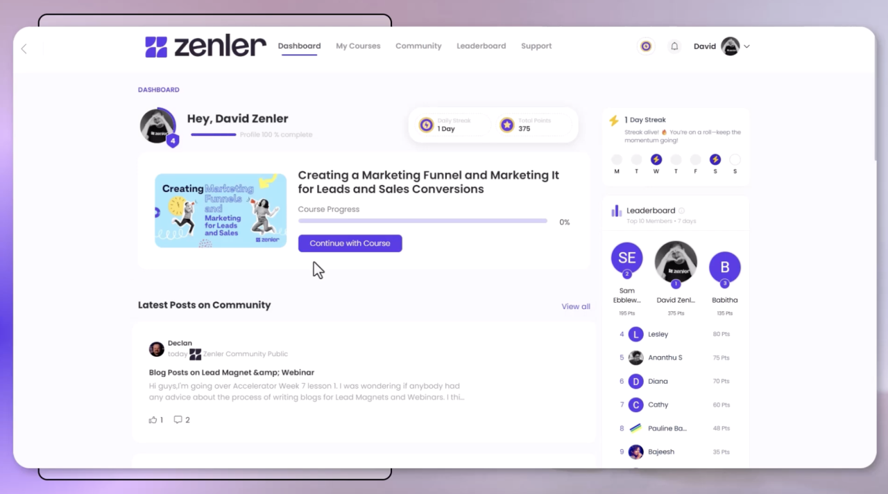 Zenler student dashboard showing course progress tracking, leaderboard rankings, and community feed integration