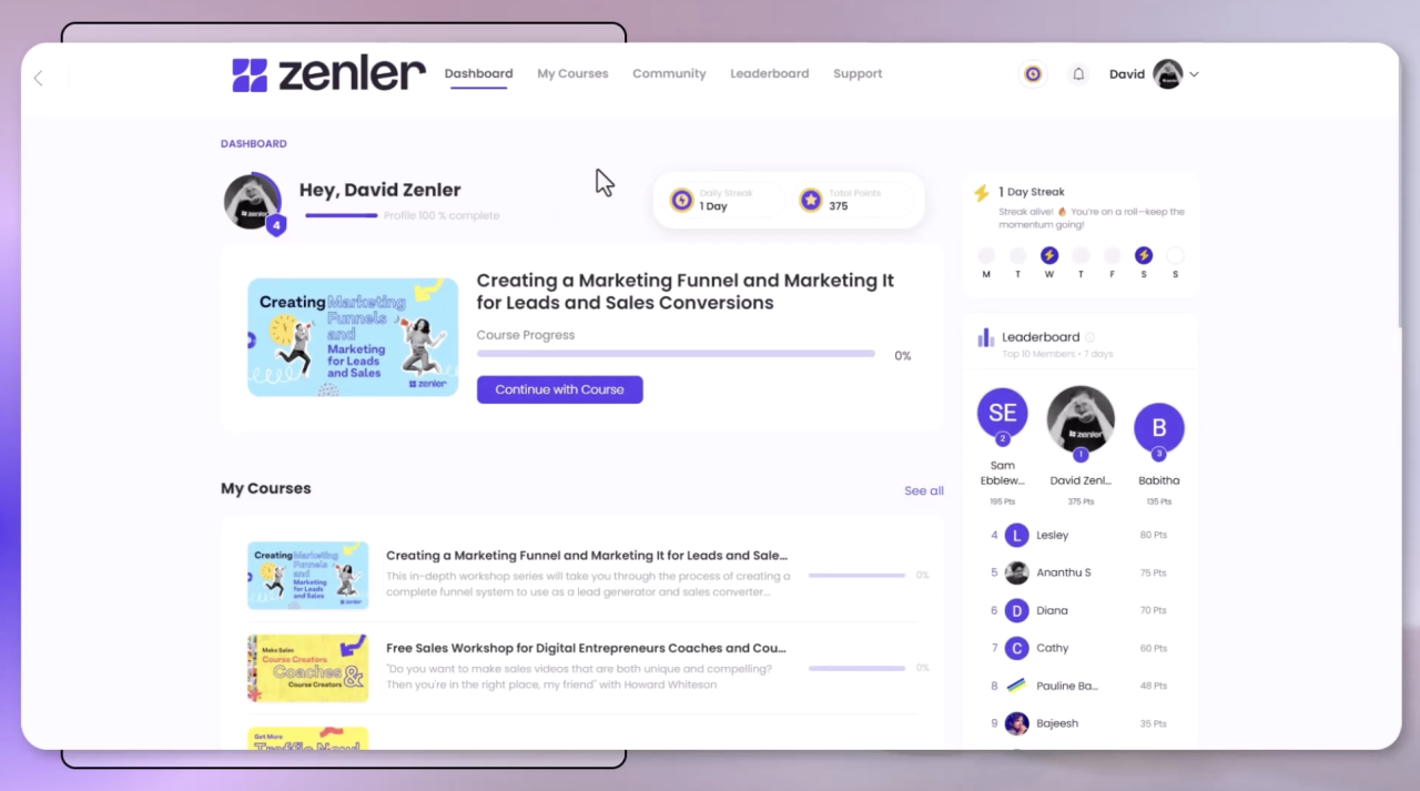Zenler's New Student Dashboard: Gamification & Leaderboards for Online Course Creators