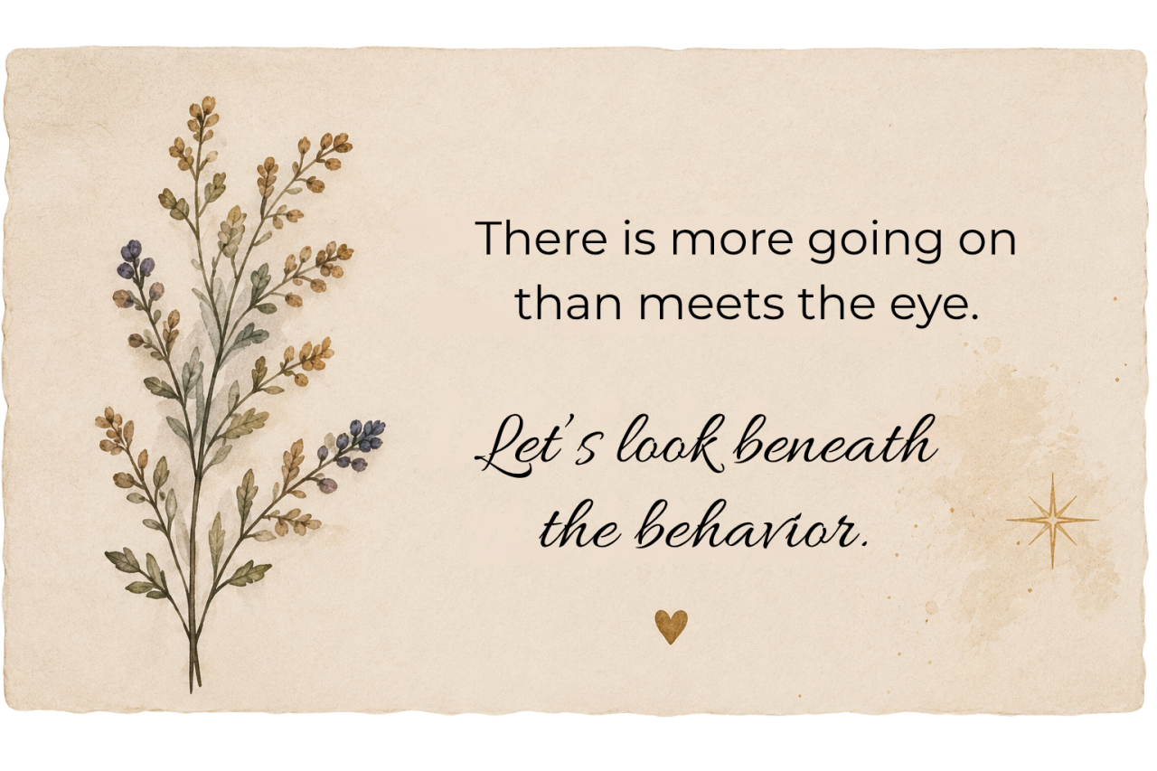 There is more going on than meets the eye. Let's look beneath the behavior. Ripped paper with a subtle watercolor flower arrangement. Text reads 'There is more going on than meets the eye. Let's look beneath the behavior.' with a gold heart and star to accent the text.