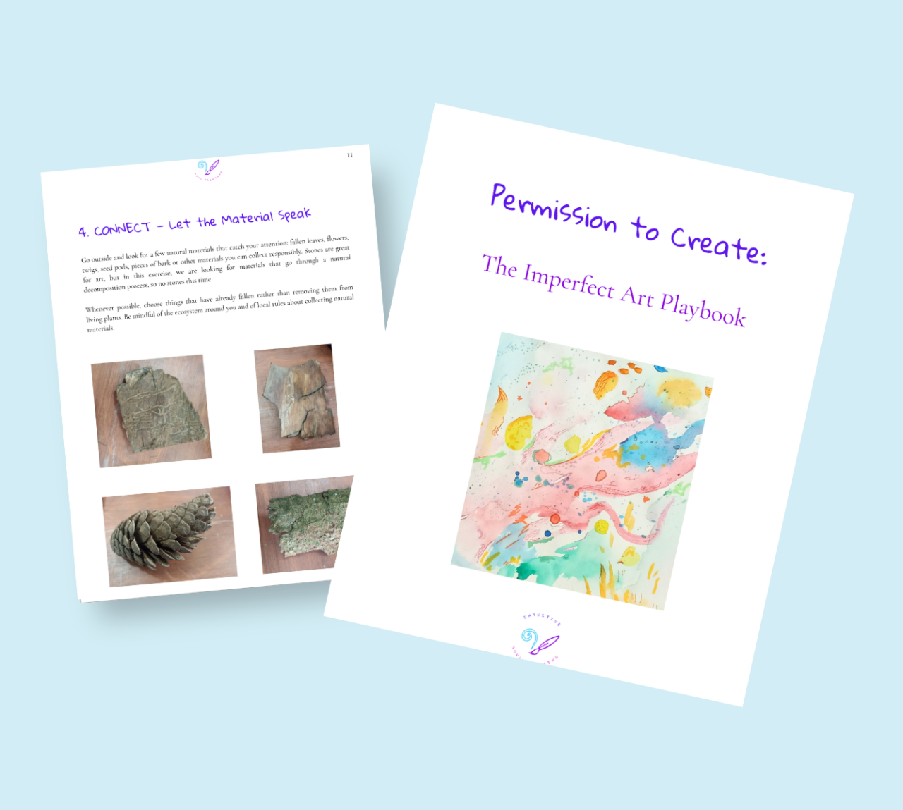 Permission to Create playbook cover beside an inside page about natural materials